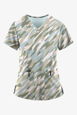 Easy STRETCH By Butter-Soft™ Camo Waves White Printed Women's 2-Pocket Mitered V-Neck Scrub Top