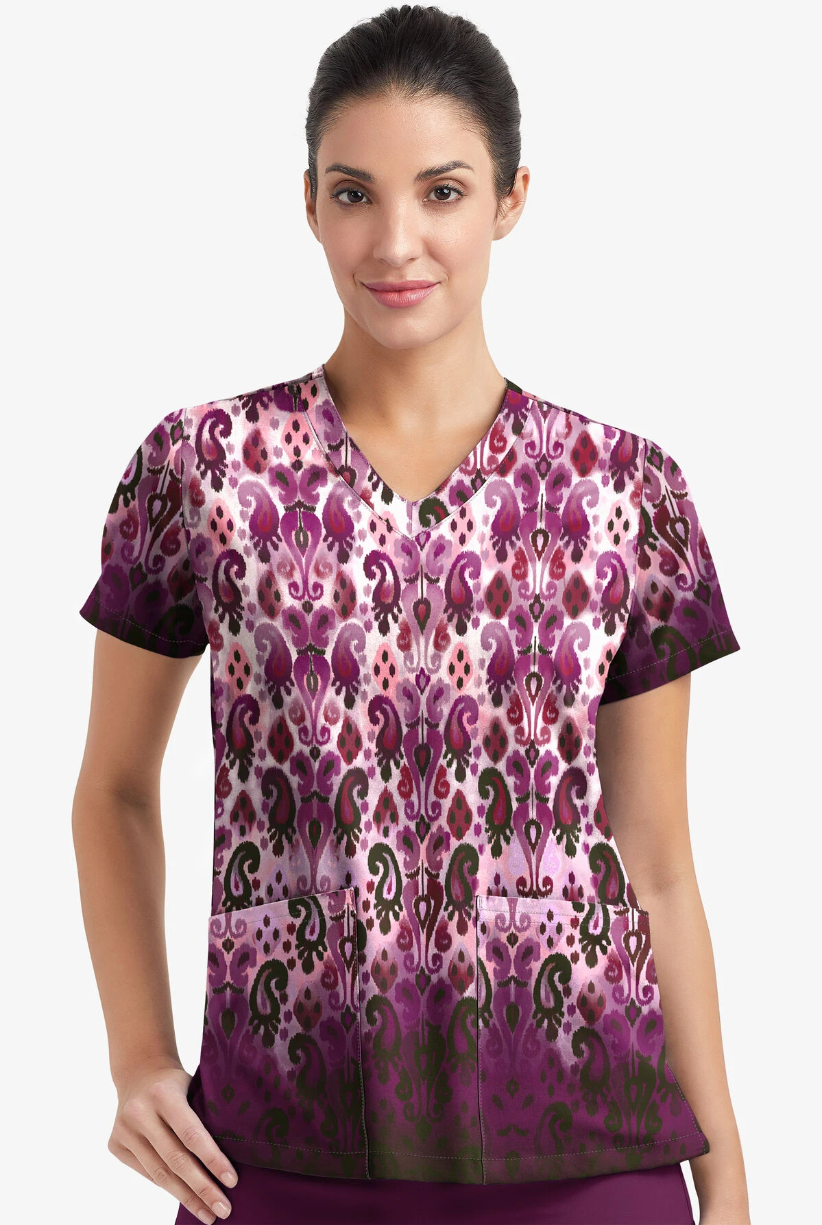 Easy STRETCH By Butter-Soft Gradient Ikat Eggplant Women's 2-Pocket V-Neck Print Scrub Top 4 Easy STRETCH By Butter-Soft Gradient Ikat Eggplant Women's 2-Pocket V-Neck Print Scrub Top - Image 2