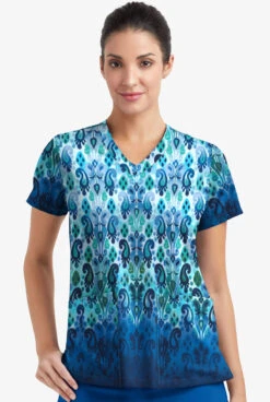 Easy STRETCH By Butter-Soft™ Gradient Ikat Navy Women's 2-Pocket Mitered V-Neck Print Scrub Top -Cherokee Shop TS434GINV 2