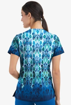 Easy STRETCH By Butter-Soft™ Gradient Ikat Navy Women's 2-Pocket Mitered V-Neck Print Scrub Top -Cherokee Shop TS434GINV 3