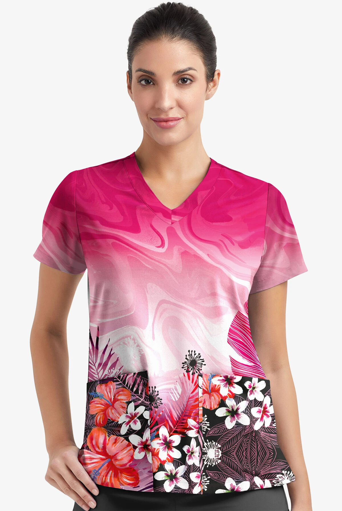 Easy Stretch By Butter-Soft Honolulu Garden Women's 2-Pocket Mitered V-Neck Printed Scrub Top 4 Easy Stretch By Butter-Soft Honolulu Garden Women's 2-Pocket Mitered V-Neck Printed Scrub Top - Image 2