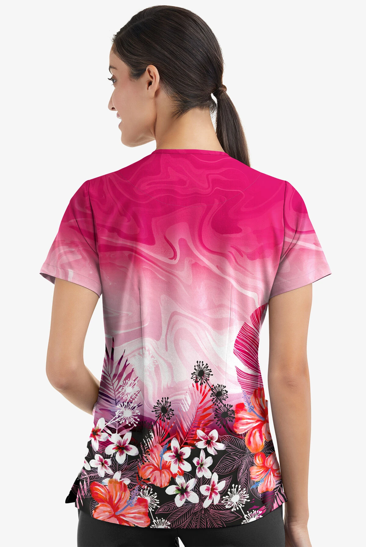 Easy Stretch By Butter-Soft Honolulu Garden Women's 2-Pocket Mitered V-Neck Printed Scrub Top 5 Easy Stretch By Butter-Soft Honolulu Garden Women's 2-Pocket Mitered V-Neck Printed Scrub Top - Image 3
