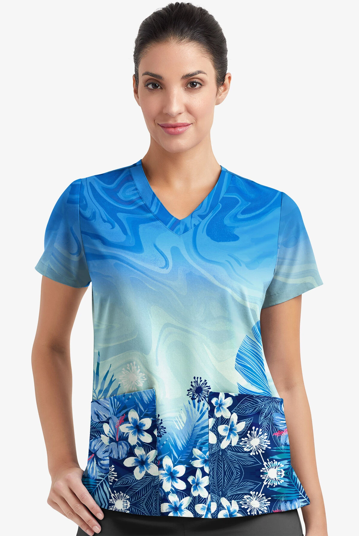 Easy Stretch By Butter-Soft Honolulu Garden Navy Women's 2-Pocket Mitered V-Neck Printed Scrub Top 4 Easy Stretch By Butter-Soft Honolulu Garden Navy Women's 2-Pocket Mitered V-Neck Printed Scrub Top - Image 2