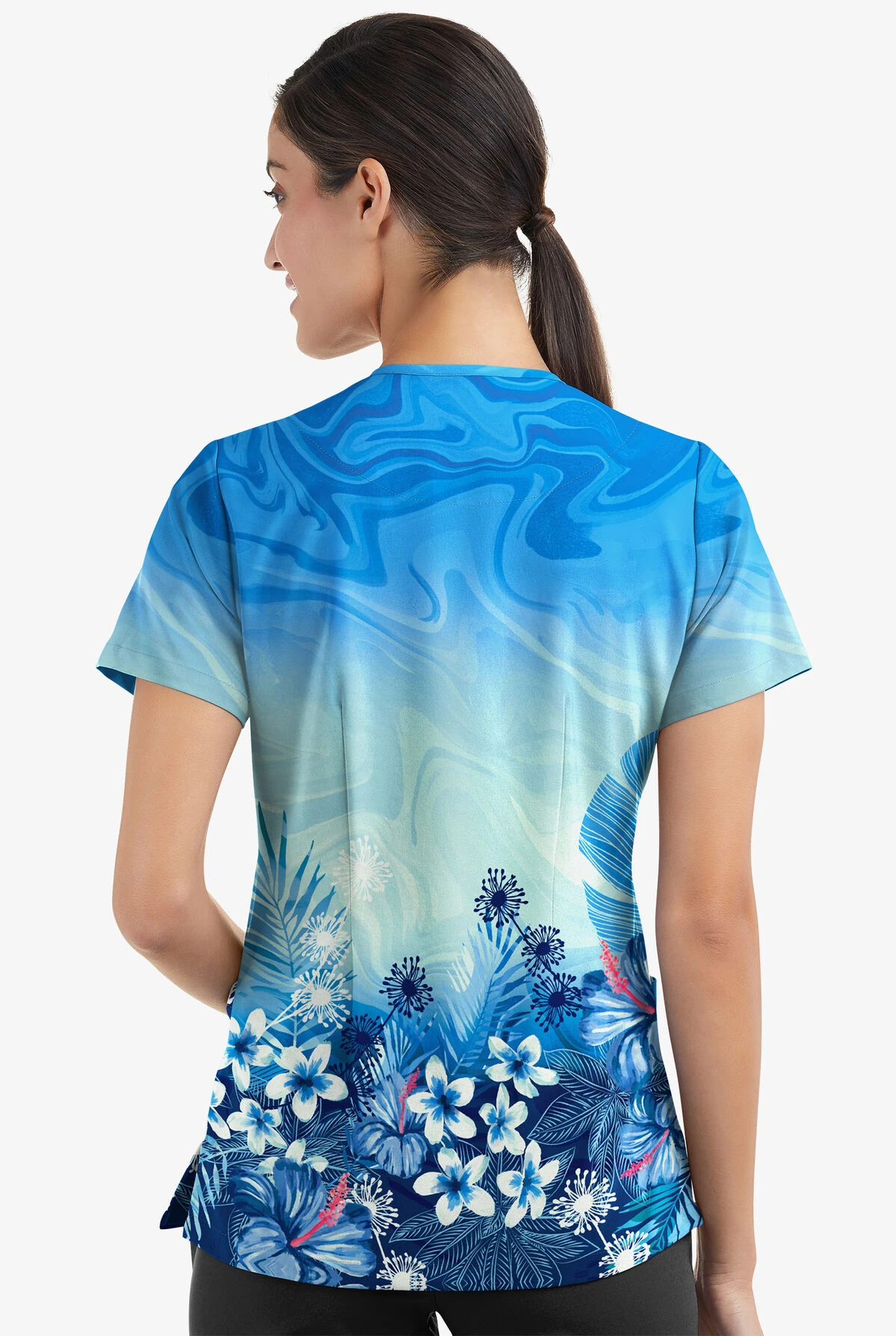 Easy Stretch By Butter-Soft Honolulu Garden Navy Women's 2-Pocket Mitered V-Neck Printed Scrub Top 5 Easy Stretch By Butter-Soft Honolulu Garden Navy Women's 2-Pocket Mitered V-Neck Printed Scrub Top - Image 3