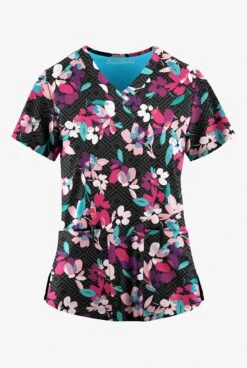 Easy Stretch By Butter-Soft Kyoto Floral Onyx Women's 2-Pocket Mitered V-Neck Printed Scrub Top