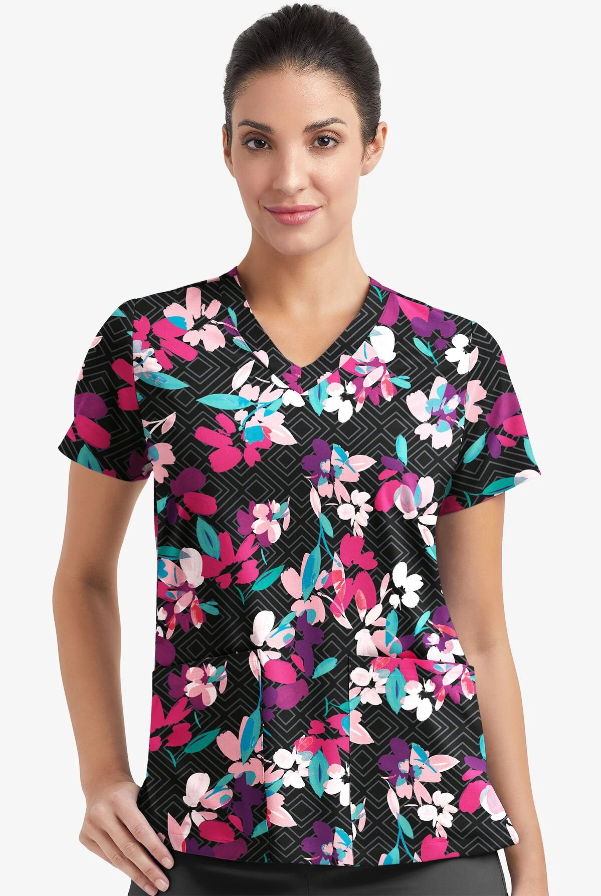 Easy Stretch By Butter-Soft Kyoto Floral Onyx Women's 2-Pocket Mitered V-Neck Printed Scrub Top 4 Easy Stretch By Butter-Soft Kyoto Floral Onyx Women's 2-Pocket Mitered V-Neck Printed Scrub Top - Image 2
