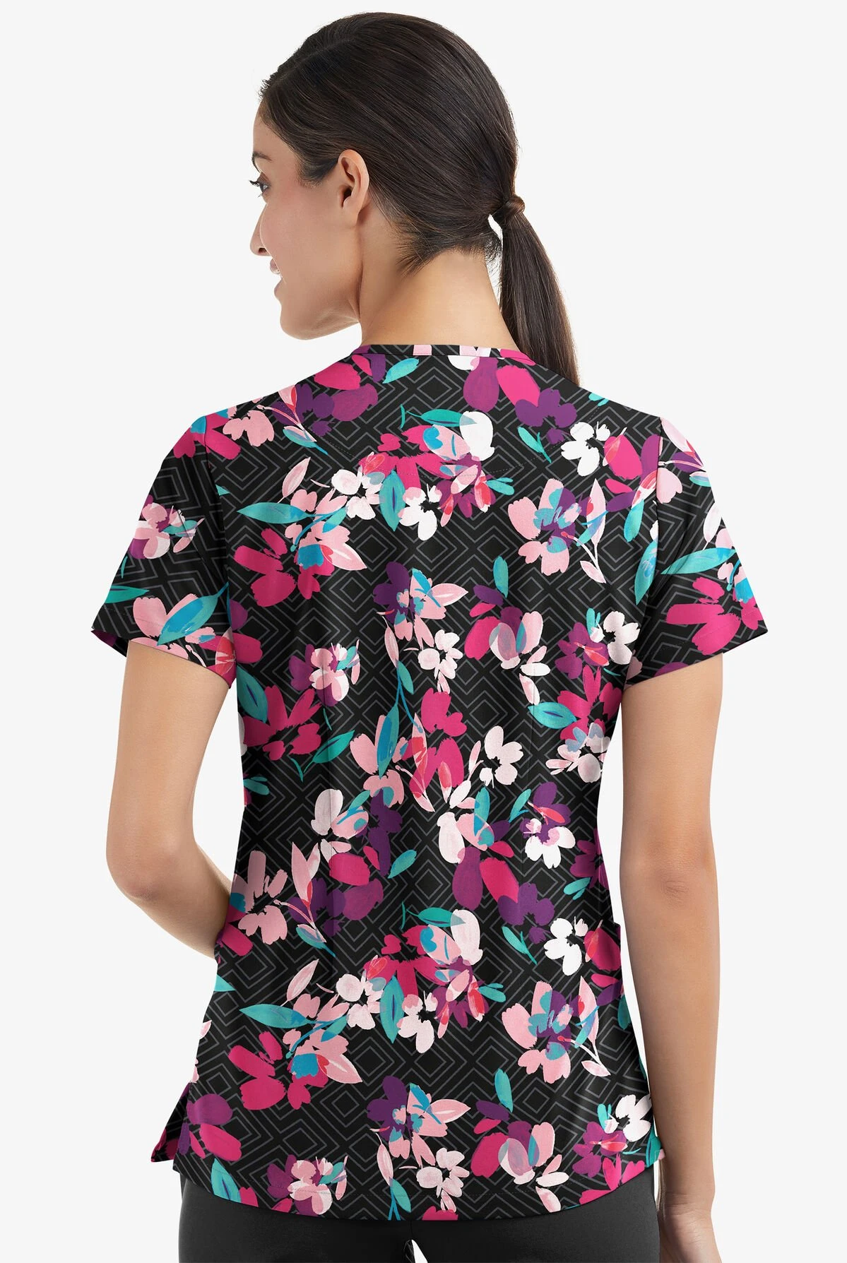 Easy Stretch By Butter-Soft Kyoto Floral Onyx Women's 2-Pocket Mitered V-Neck Printed Scrub Top 5 Easy Stretch By Butter-Soft Kyoto Floral Onyx Women's 2-Pocket Mitered V-Neck Printed Scrub Top - Image 3