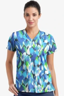 Easy Stretch By Butter-Soft Love Garden Pewter Women's 2-Pocket Mitered V-Neck Printed Scrub Top -Cherokee Shop TS434LGPW 2