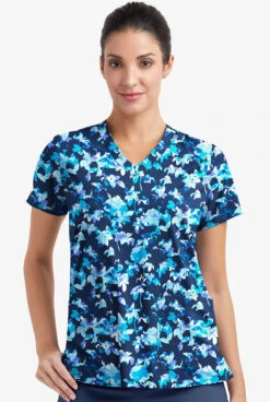Easy Stretch By Butter-Soft Morning Garden Navy Women's 2-Pocket Mitered V-Neck Printed Scrub Top -Cherokee Shop TS434MGNV 2