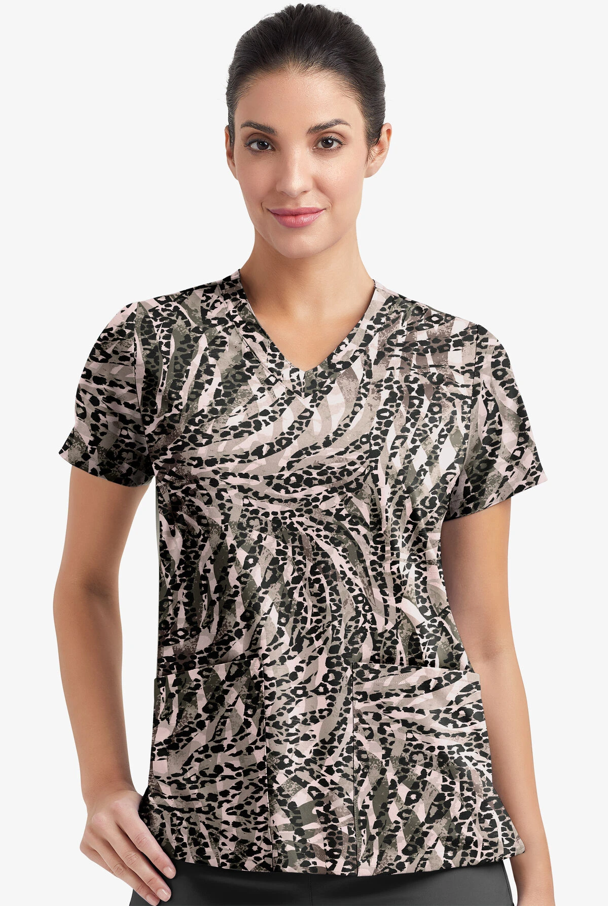 Easy Stretch By Butter-Soft Spirit Animal Onyx Women's 2-Pocket Mitered V-Neck Printed Scrub Top 4 Easy Stretch By Butter-Soft Spirit Animal Onyx Women's 2-Pocket Mitered V-Neck Printed Scrub Top - Image 2