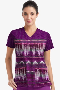 Easy STRETCH By Butter-Soft Woodblock Paisley Eggplant Women's 2-Pocket V-Neck Print Scrub Top -Cherokee Shop TS434WPEP 2