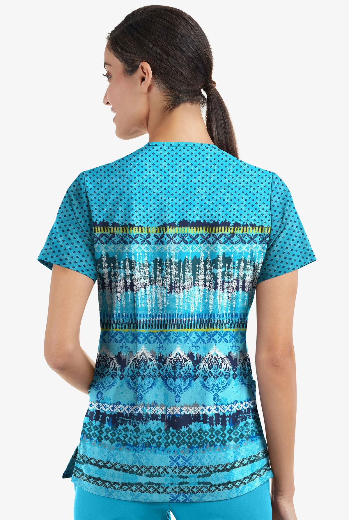 Easy STRETCH By Butter-Soft Woodblock Paisley Turquoise Women's 2-Pocket V-Neck Print Scrub Top 5 Easy STRETCH By Butter-Soft Woodblock Paisley Turquoise Women's 2-Pocket V-Neck Print Scrub Top - Image 3