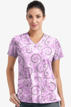 Easy STRETCH By Butter-Soft Whimsical Sky Amethyst Mist Women's 2-Pocket V-Neck Print Scrub Top -Cherokee Shop TS434WSAM 2