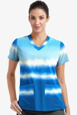 Easy Stretch By Butter-Soft Waterfall Stripe Women's 2-Pocket Mitered V-Neck Printed Scrub Top -Cherokee Shop TS434WSRL 2