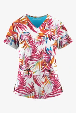 Easy Stretch By Butter-Soft Watercolor Tropical Women's 2-Pocket Mitered V-Neck Printed Scrub Top