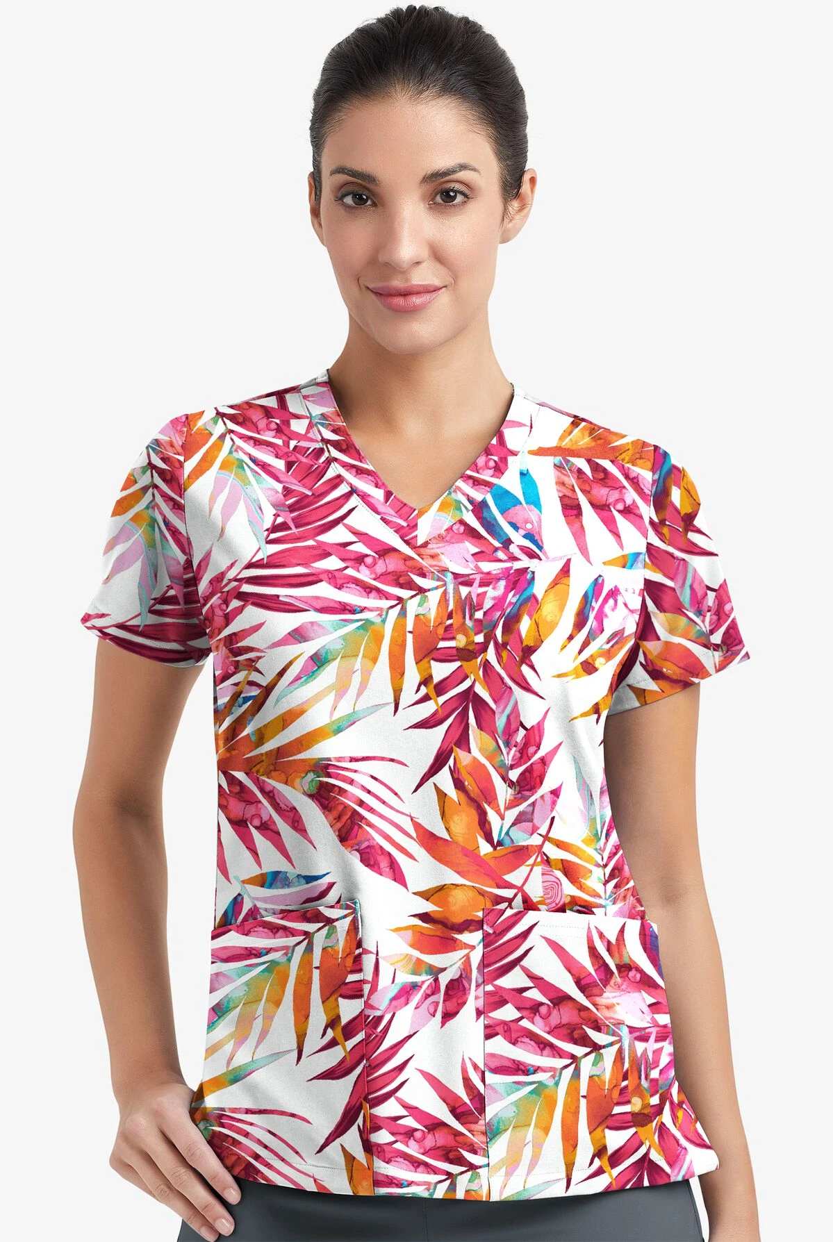 Easy Stretch By Butter-Soft Watercolor Tropical Women's 2-Pocket Mitered V-Neck Printed Scrub Top 4 Easy Stretch By Butter-Soft Watercolor Tropical Women's 2-Pocket Mitered V-Neck Printed Scrub Top - Image 2