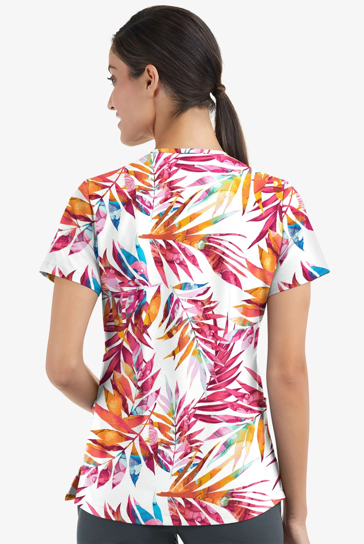 Easy Stretch By Butter-Soft Watercolor Tropical Women's 2-Pocket Mitered V-Neck Printed Scrub Top 5 Easy Stretch By Butter-Soft Watercolor Tropical Women's 2-Pocket Mitered V-Neck Printed Scrub Top - Image 3