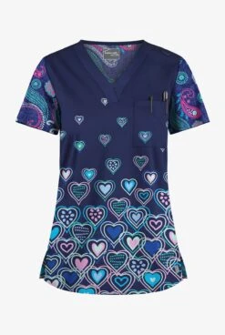 Butter-Soft STRETCH Hearts & Paisley Women's 1-Pocket V-Neck Tuck-In Mixed Print Scrub Top