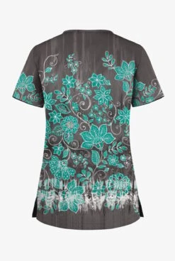 UA Butter-Soft STRETCH Wildflower Border Pewter Women's 1-Pocket V-Neck Tuck-In Printed Scrub Top -Cherokee Shop TS452WFPW 100523 2