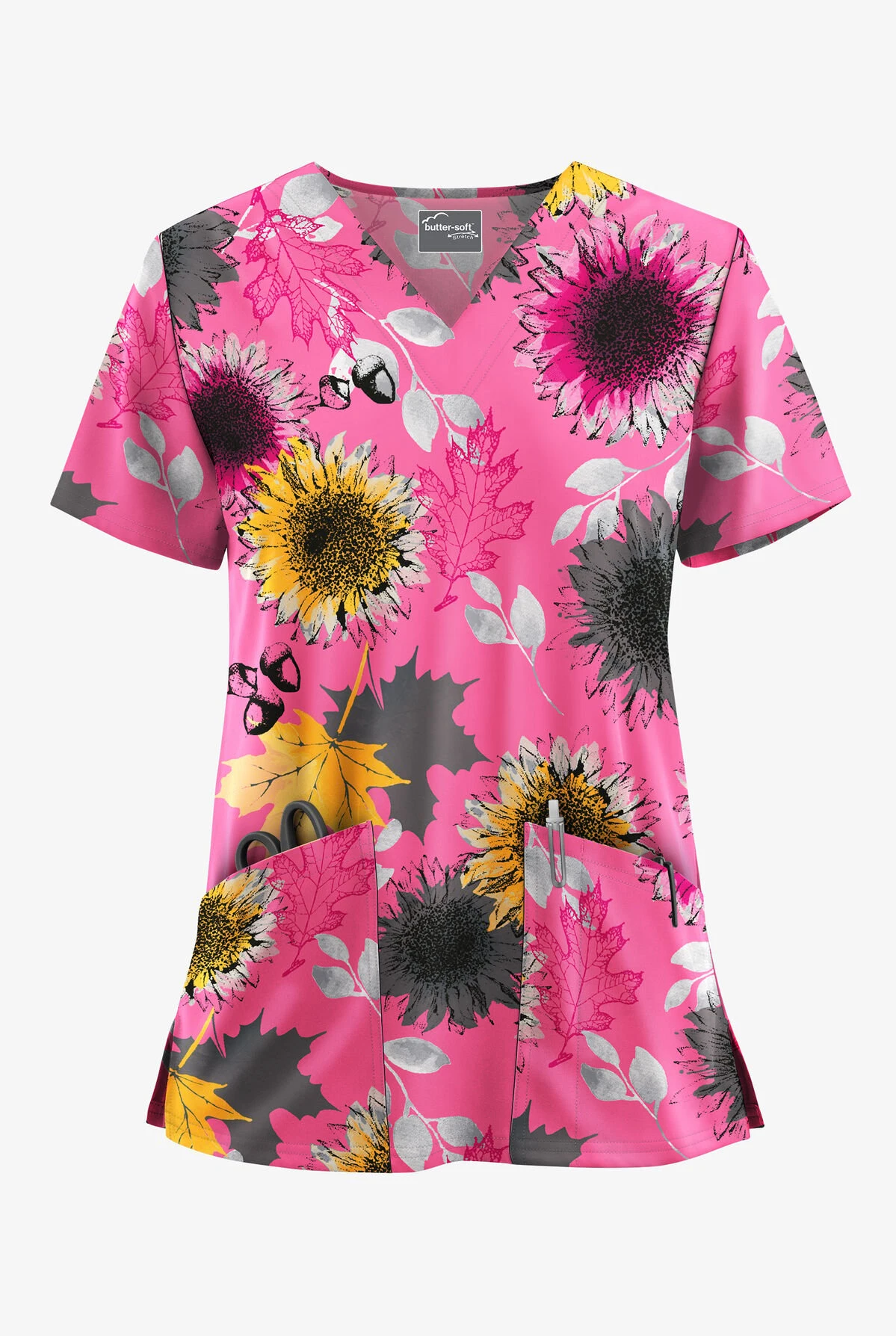 UA Butter-Soft STRETCH Autumn Sunflowers Fuchsia Women's 2-Pocket V-Neck Printed Scrub Top 3 UA Butter-Soft STRETCH Autumn Sunflowers Fuchsia Women's 2-Pocket V-Neck Printed Scrub Top