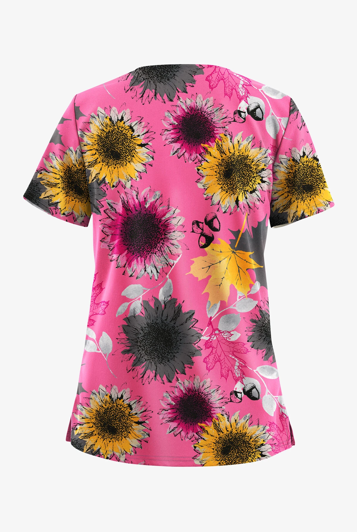 UA Butter-Soft STRETCH Autumn Sunflowers Fuchsia Women's 2-Pocket V-Neck Printed Scrub Top 4 UA Butter-Soft STRETCH Autumn Sunflowers Fuchsia Women's 2-Pocket V-Neck Printed Scrub Top - Image 2