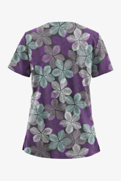 UA Butter-Soft STRETCH Subtle Leaves Pewter Women's 2-Pocket V-Neck Printed Scrub Top -Cherokee Shop TS542SLPR 100523 2