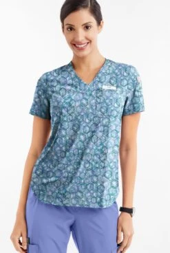 Easy STRETCH By Butter-Soft™ Dotted Geo Caribbean Blue Women's 1-Pocket Tuck-In Print Scrub Top -Cherokee Shop TS543DGCB 2