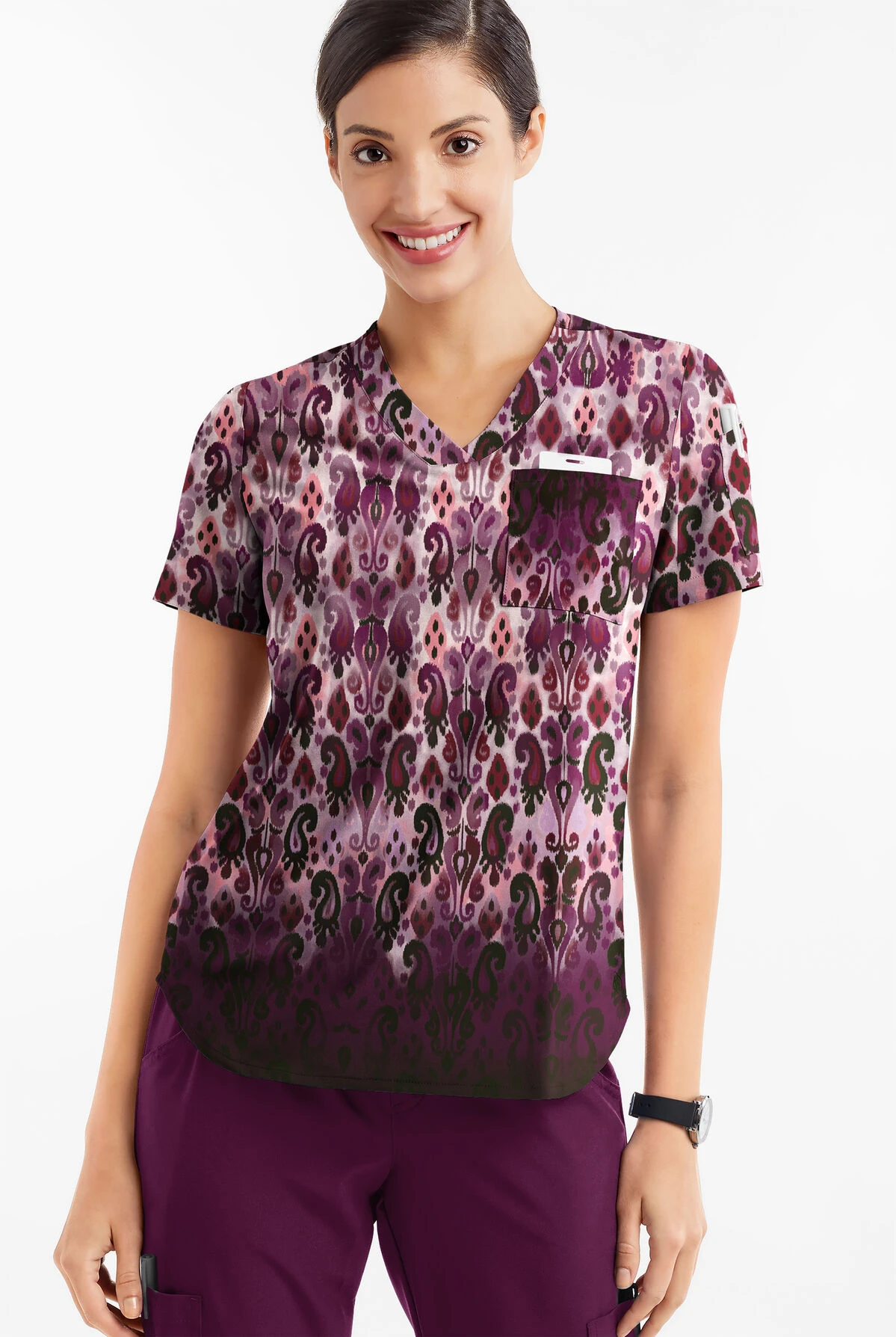 Easy STRETCH By Butter-Soft™ Gradient Ikat Eggplant Women's 1-Pocket Tuck-In Print Scrub Top 4 Easy STRETCH By Butter-Soft™ Gradient Ikat Eggplant Women's 1-Pocket Tuck-In Print Scrub Top - Image 2