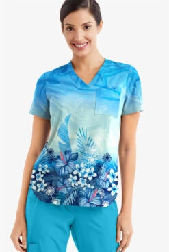 Easy Stretch By Butter-Soft Honolulu Garden Navy Women's 3-Pocket V-Neck Tuck-In Printed Scrub Top -Cherokee Shop TS543HUNV 2