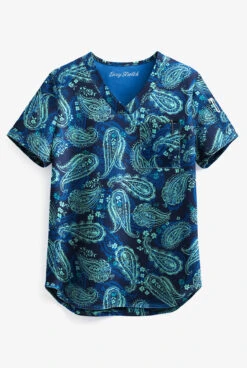 Easy STRETCH By Butter-Soft™ Passion Paisley Navy Chloe Women's 2-Pocket One Tuck-In Print Scrub Top