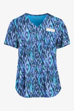 Easy STRETCH By Butter-Soft™ Rotterdam Ikat Navy Women's 2-Pocket V-Neck Tuck-In Print Scrub Top