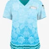 Easy STRETCH By Butter-Soft™ Tinted Blossoms Turquoise Women's 1-Pocket Tuck-In Print Scrub Top -Cherokee Shop TS543TBT 1