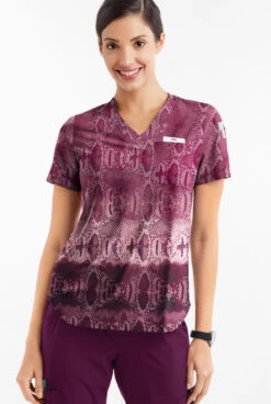 Easy STRETCH By Butter-Soft™ Wild Border Wine Women's 2-Pocket V-Neck Tuck-In Print Scrub Top -Cherokee Shop TS543WBWN 2