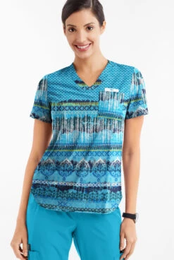 Easy STRETCH By Butter-Soft™ Woodblock Paisley Turquoise Womens 2-Pocket V-Neck Print Scrub Top -Cherokee Shop TS543WPTQ 2