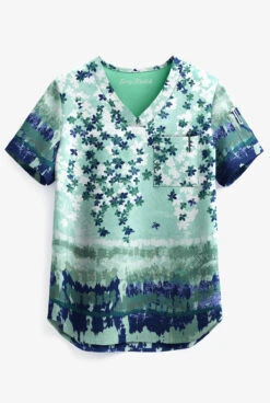 Easy STRETCH By Butter-Soft Watercolor Floral Sea Jade Chloe Women's 2-Pocket V-Neck Print Scrub Top
