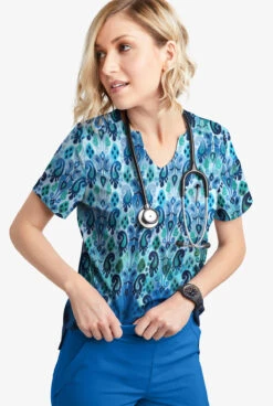 Easy STRETCH By Butter-Soft Gradient Ikat Navy Women's 1-Pocket Scallop Neck Printed Scrub Top -Cherokee Shop TS546GINV 2