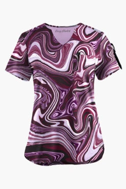 Easy STRETCH By Butter-Soft ™ Marble Art Onyx Women's 1-Pocket Scallop Neck Printed Scrub Top