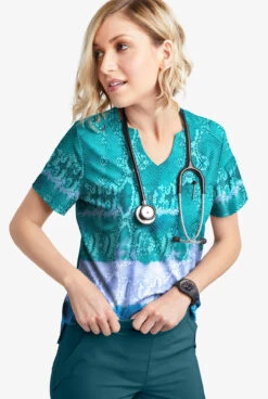 Easy STRETCH By Butter-Soft™ Wild Border Teal Women's 1-Pkts Scallop Neck Tuck-In Print Scrub Top 6 Easy STRETCH By Butter-Soft™ Wild Border Teal Women's 1-Pkts Scallop Neck Tuck-In Print Scrub Top -Cherokee Shop TS546WBTL 2