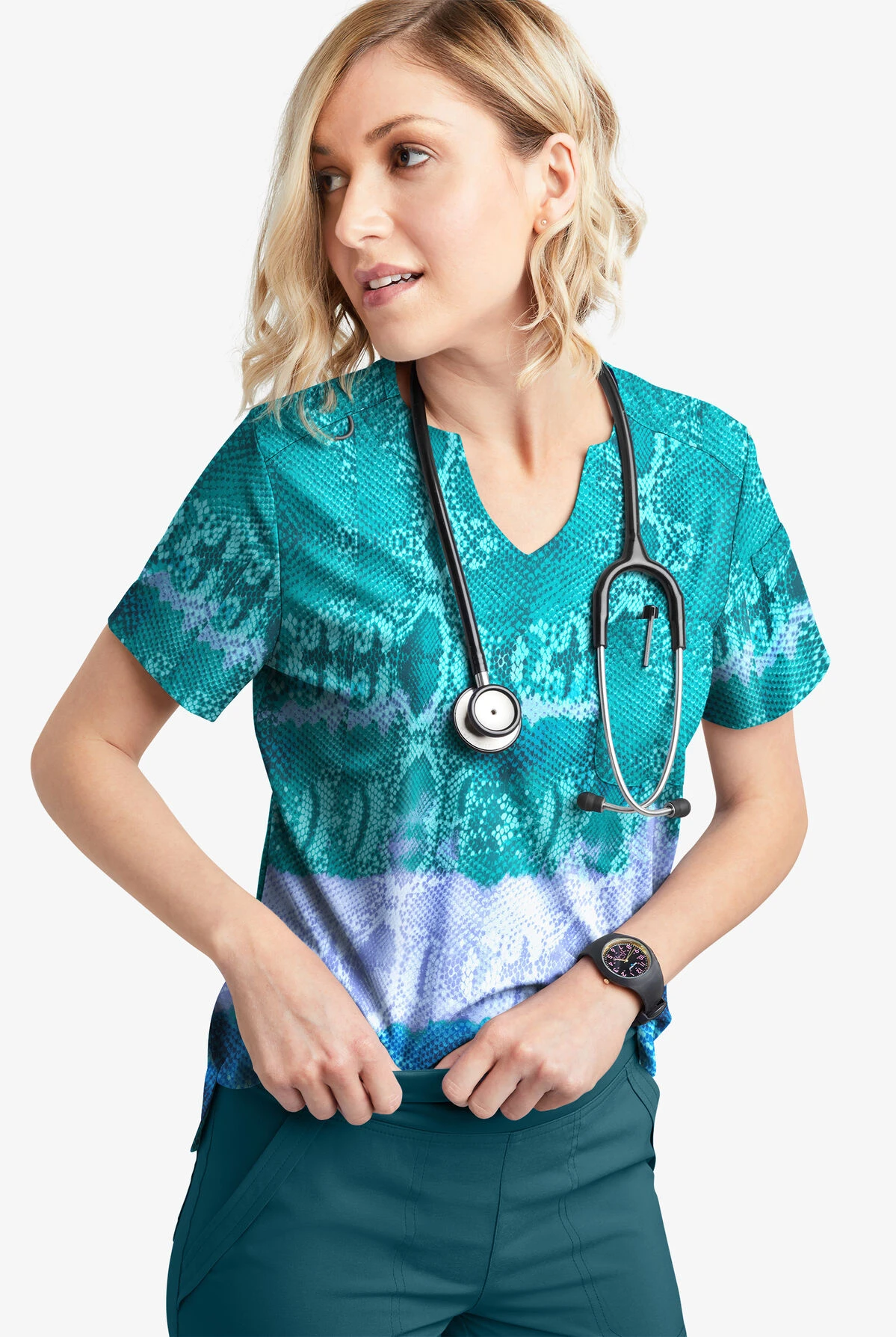 Easy STRETCH By Butter-Soft™ Wild Border Teal Women's 1-Pkts Scallop Neck Tuck-In Print Scrub Top 4 Easy STRETCH By Butter-Soft™ Wild Border Teal Women's 1-Pkts Scallop Neck Tuck-In Print Scrub Top - Image 2