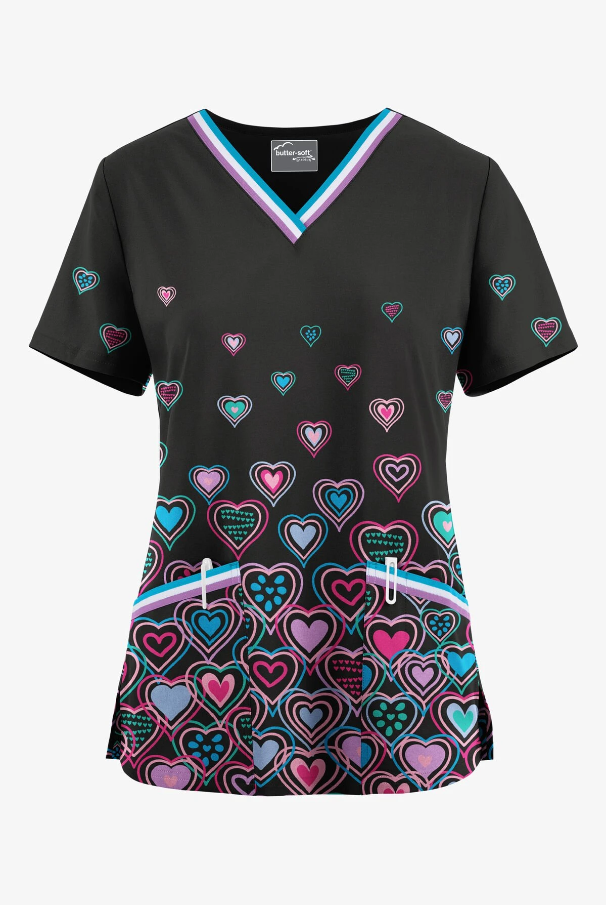 UA Butter-Soft STRETCH Bright Hearts Black Printed Women's V-Neck 3 Pocket Scrub Top 3 UA Butter-Soft STRETCH Bright Hearts Black Printed Women's V-Neck 3 Pocket Scrub Top