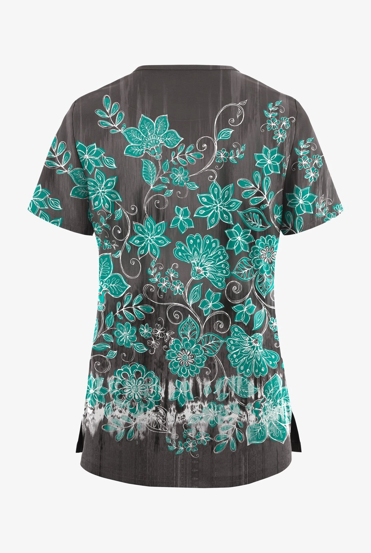 UA Butter-Soft STRETCH Wildflower Border Pewter Women's V-Neck 3 Pocket Printed Scrub Top 4 UA Butter-Soft STRETCH Wildflower Border Pewter Women's V-Neck 3 Pocket Printed Scrub Top - Image 2