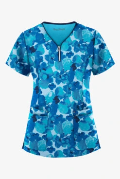 Easy STRETCH By Butter-Soft™ Watercolor Poppy Turquoise Women's 4-Pocket Zipper Neck Print Scrub Top