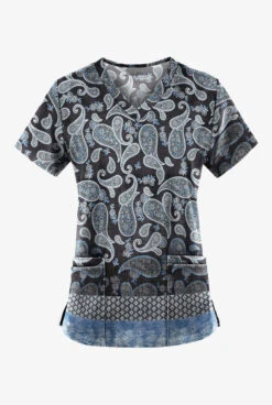 Easy STRETCH By Butter-Soft Paisley Black Print Scrub Top