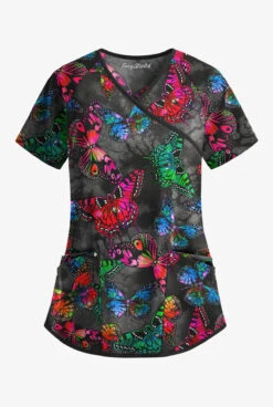 Easy Stretch By Butter-Soft Butterfly Oasis Onyx Women's 4-Pocket Raglan Printed Scrub Top