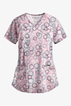 Easy STRETCH By Butter-Soft ™ Dotted Geo Cashmere Rose Women's 4-Pocket Raglan Print Scrub Top