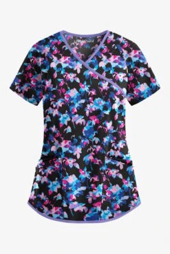 Easy Stretch By Butter-Soft Morning Garden Onyx Women's 4-Pocket Raglan Printed Scrub Top