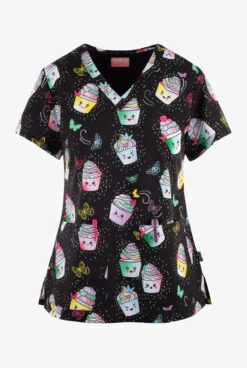 Zavate Ava Therese Colorful Cake It Easy Women's 2-Pocket STRETCH V-Neck Print Scrub Top