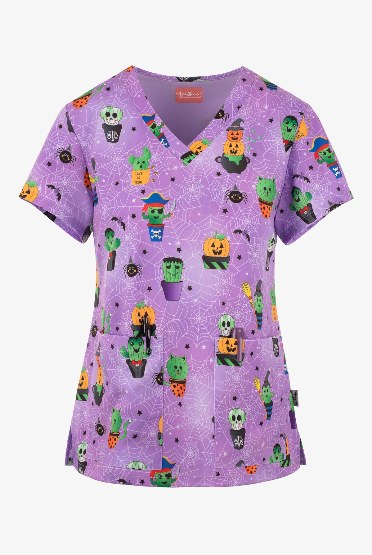 Zavate Ava Therese Creepy Cactus And Spiders Women's 2-Pocket STRETCH V-Neck Print Scrub Top 3 Zavate Ava Therese Creepy Cactus And Spiders Women's 2-Pocket STRETCH V-Neck Print Scrub Top