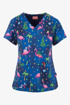 Zavate Ava Therese Fa La La La Mingo Women's 2-Pocket STRETCH V-Neck Print Scrub Top