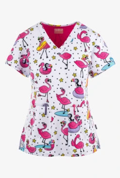 UA Exclusive Zavate Ava Therese Flamazing Flamingoes Women's 2-Pocket STRETCH V-Neck Print Scrub Top